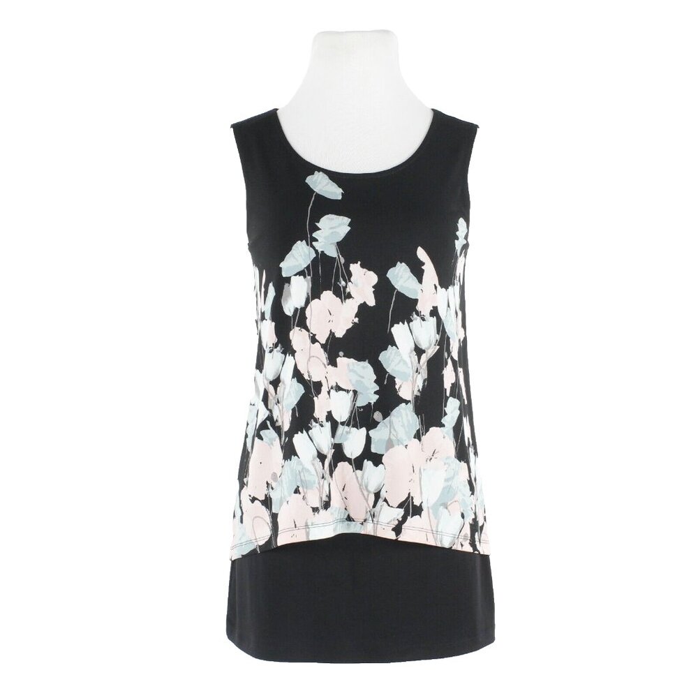 Alfani Sz S Black Pink Green Multi Floral Layered Lined Poly Spandex Knit Top